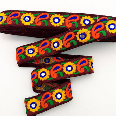 Deep Red Floral Mirrored Trim With Yellow Flowers And Orange Paisley Embroidery, Decorative Trimming, Trim By 3 Yards